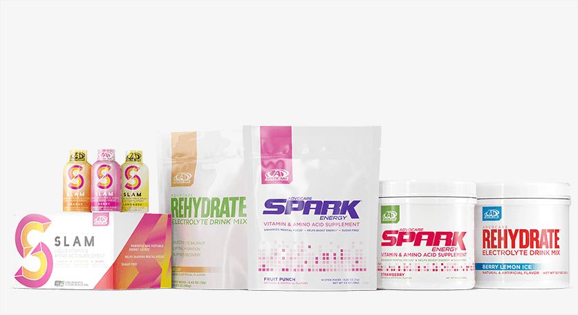 Energy products - Slam, Rehydrate gusset bag, Spark gusset bag, Spark canister, and Rehydrate canister