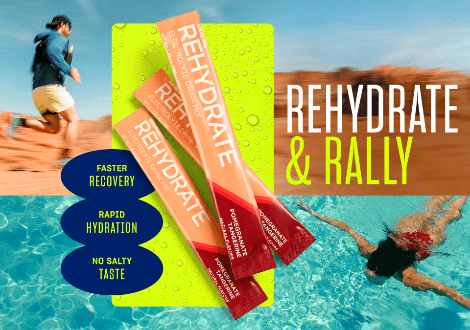 Rehydrate & Rally. Rehydrate Pomegranate Tangerine Stick Packs on a summer collage background.