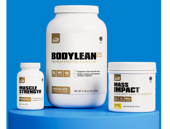 AdvoCare Muscle Strength, BodyLean25 and Mass Impact sitting on a blue platform.