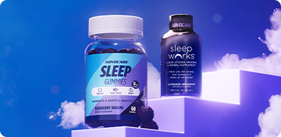 Sleep Gummies and Sleepworks bottles on steps in a dreamlike enivronment.