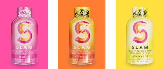 Slam Berry, Orange, and Lemonade bottles each on top of a colorful background