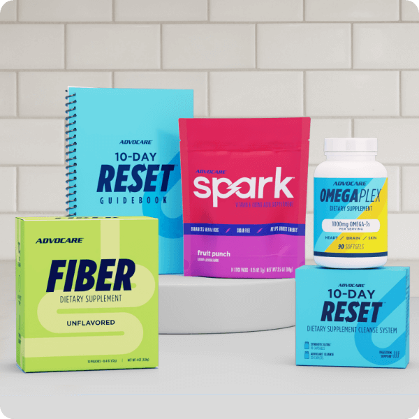 10-Day Reset bundle on a white counter with white tiles