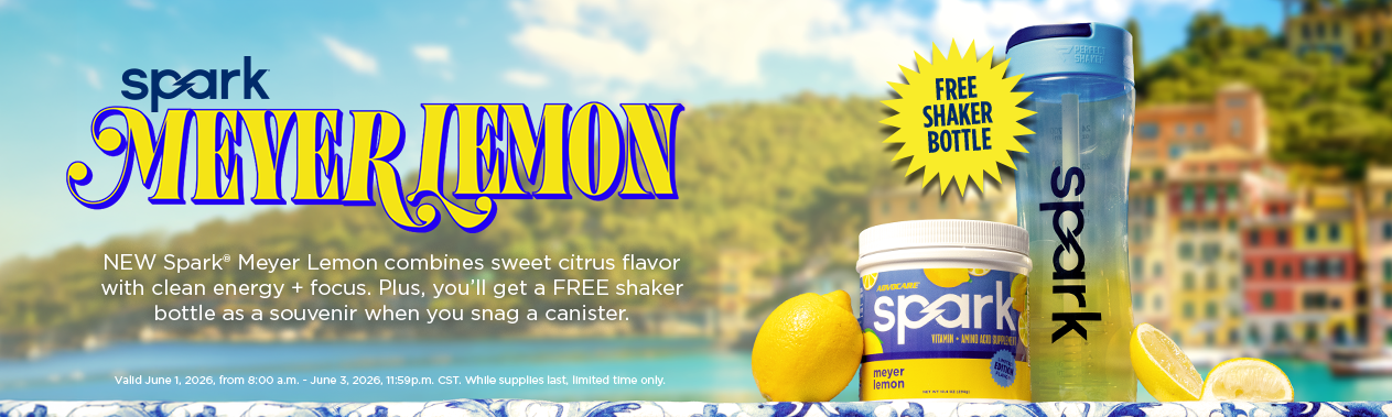Spark Meyer Lemon canister and spark branded shaker cup on a rail in a mediterranean style city.