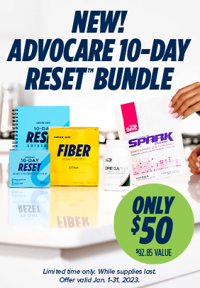 The AdvoCare 10-Day Reset Bundle on a white kitchen table. New! AdvoCare 10-Day Reset Bundle. Only $50. $92.85 value. Limted time only. While supplies last. offer valid Jan. 1-31, 2023.
