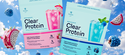 AdvoCare Clear Protein Blue Razz and Dragon Fruit bags on a blue sky background.