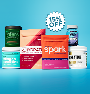 A group shot of AdvoCare products against a blue background with a 15% off sticker