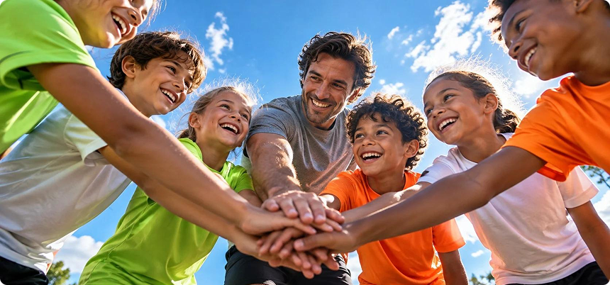 A volunteer coach and a group of smiling kids stacking their hands together in a team huddle under a blue sky