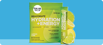 AdvoCare Spark&reg;, Rehydrate, Collagen + Creatine, Greens, Creatine+ and Sleep Gummies stacked together on a blue background.