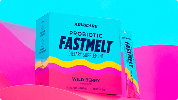 Probiotic FastMelt Wildberry box against a wavy colorful background