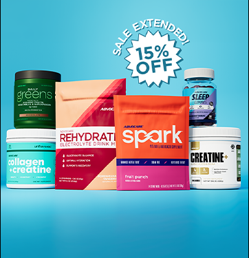 A group shot of AdvoCare products against a blue background with a 15% off sticker
