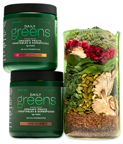 Stacked Daily Greens canisters next to a superfood mix in a jar.