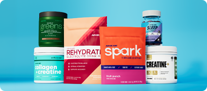 AdvoCare Spark&reg;, Rehydrate, Collagen + Creatine, Greens, Creatine+ and Sleep Gummies stacked together on a blue background.